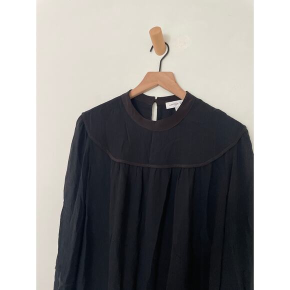 Amour Vert Black Silk Bibbed Peasant Top Small Balloon Long Sleeve Cottagecore - Picture 3 of 8